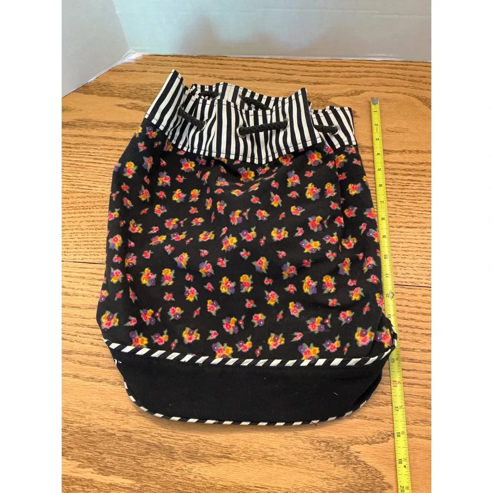 American Girl Floral Drawstring Backpack Bag Black Pink Yellow Striped Trim